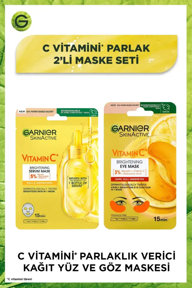 Garnier C Vitamini Parlak Aydınlatıcı Göz Maskesi +C Vitamini Parlaklık Verici Kağıt Yüz Maskesi