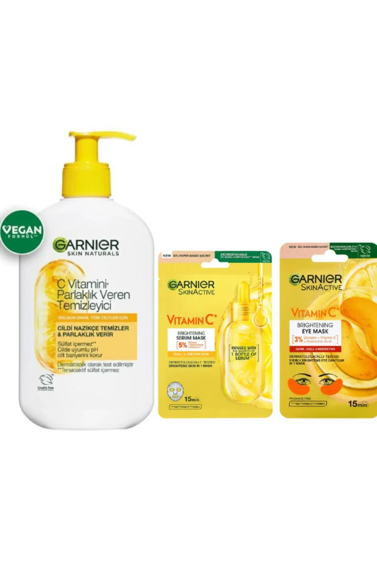 Garnier C Vitamini Parlaklık Veren Temizleyici 250 ML+Göz Maskesi +C Vitamini Kağıt Yüz Maskesi
