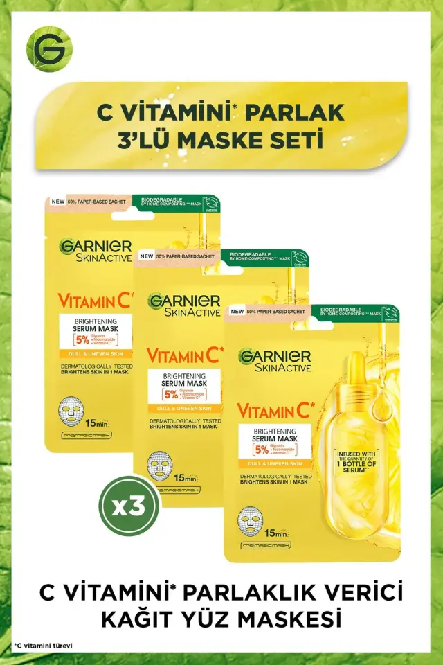 Garnier C Vitamini Parlaklık Verici Kağıt Yüz Maskesi 3'lü Set