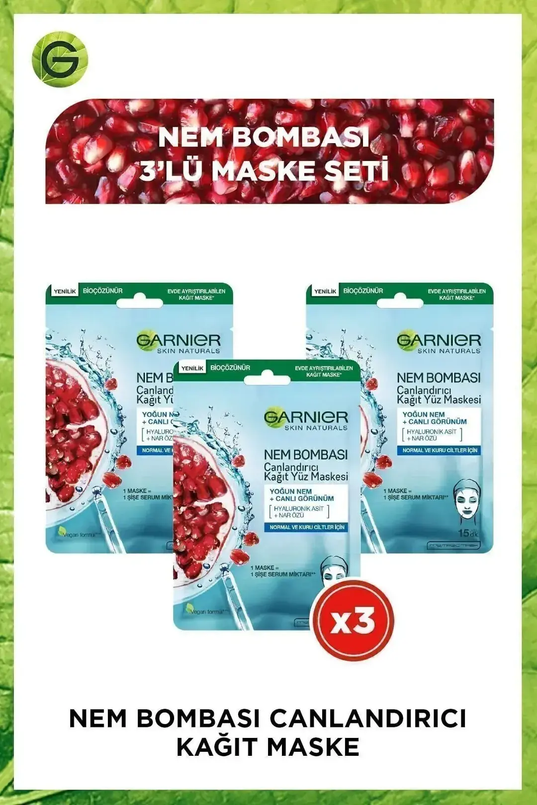 Garnier Nem Bombası Canlandırıcı Kağıt Maske 28 gr 3'lü Klasik