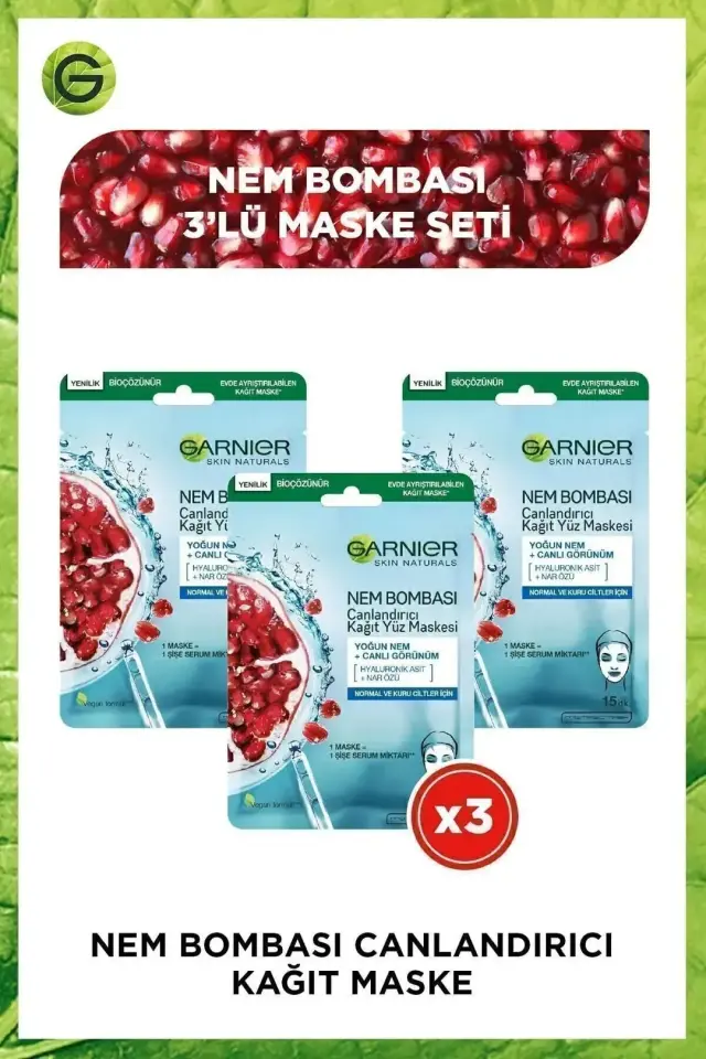 Garnier Nem Bombası Canlandırıcı Kağıt Maske 28 gr 3'lü Klasik