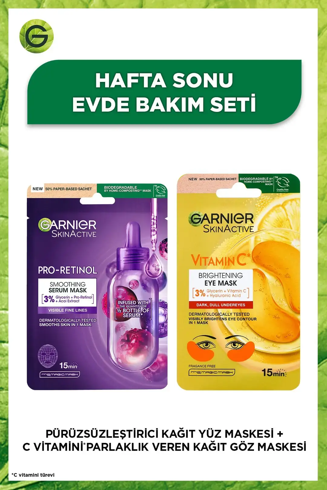 Garnier Pro-Retinol Pürüzsüzleştirici Kağıt Maske + C Vitamini Parlak Aydınlatıcı Göz Maskesi