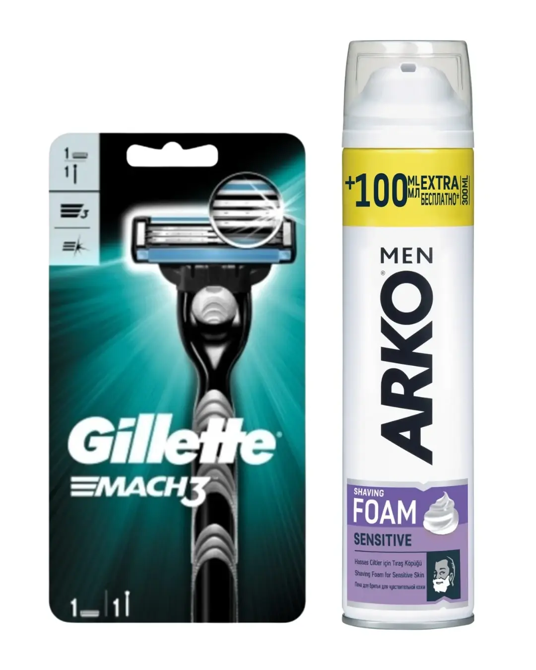 Gillette Mach3 Tıraş Makinesi + Arko Tıraş Köpüğü Sensitive 300 Ml