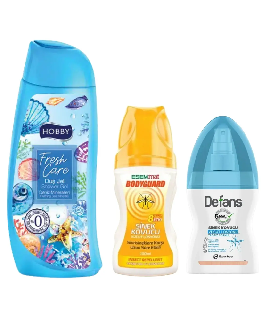 Hobby Fresh Care Duş Jeli 500ml + Esemmat Sinek Kovucu 100ml + Eczacıbaşı Defans Sinek Kovucu 100ml 3'Lü Set