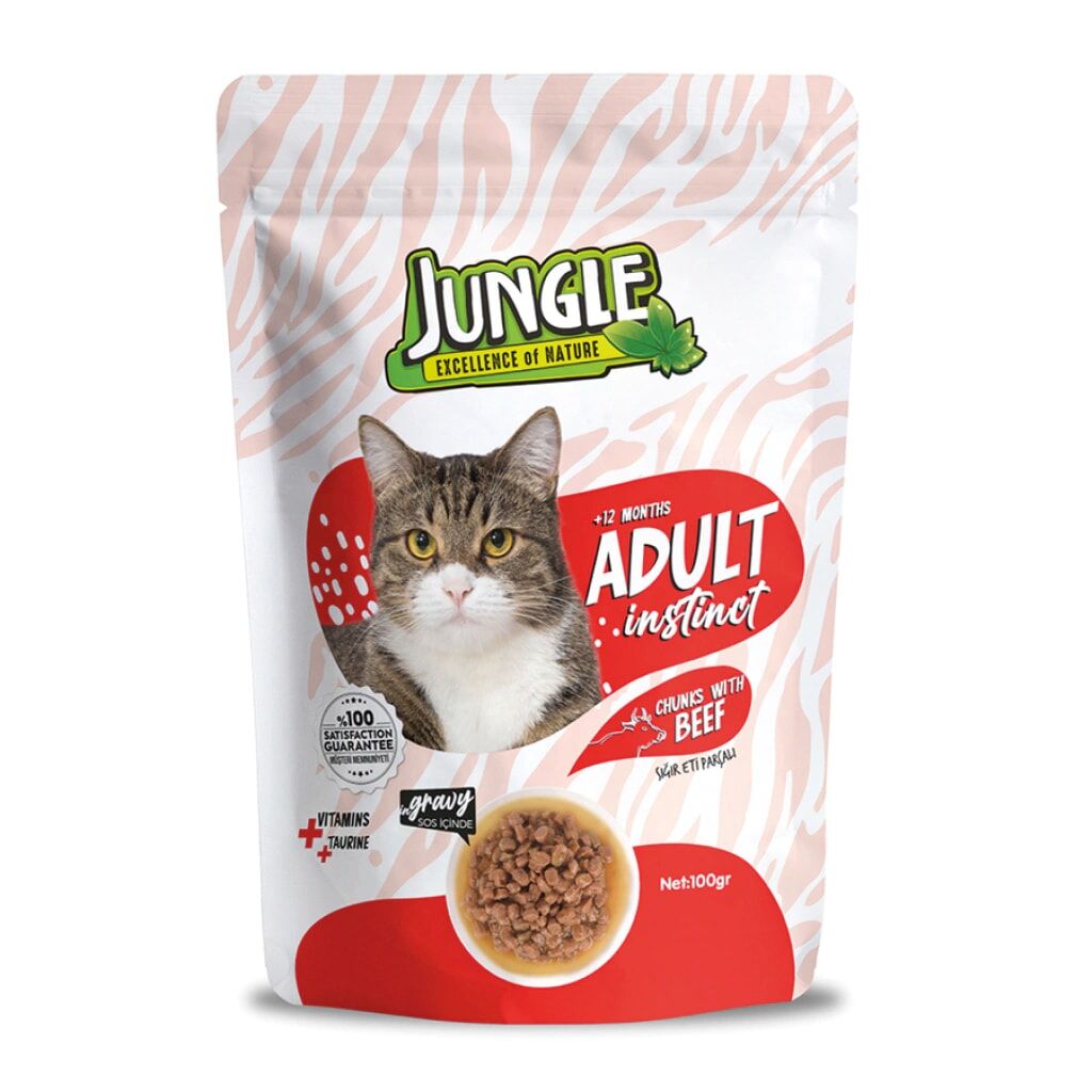 Jungle Pouch Sığır Eti Parçalı Soslu Yetişkin Kedi Konservesi 100gr