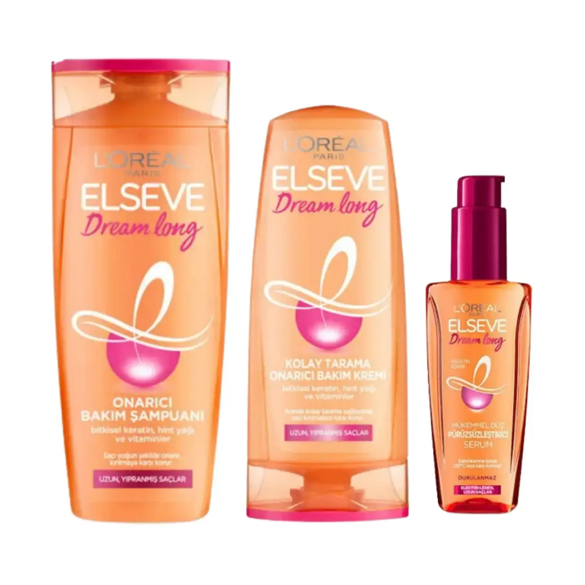 Loreal Elseve Dream Long Onarıcı Bakım Şampuanı 360ml & Saç Bakım Kremi 360ml & Mükemmel Düz Pürüzsüzleştici Serum
