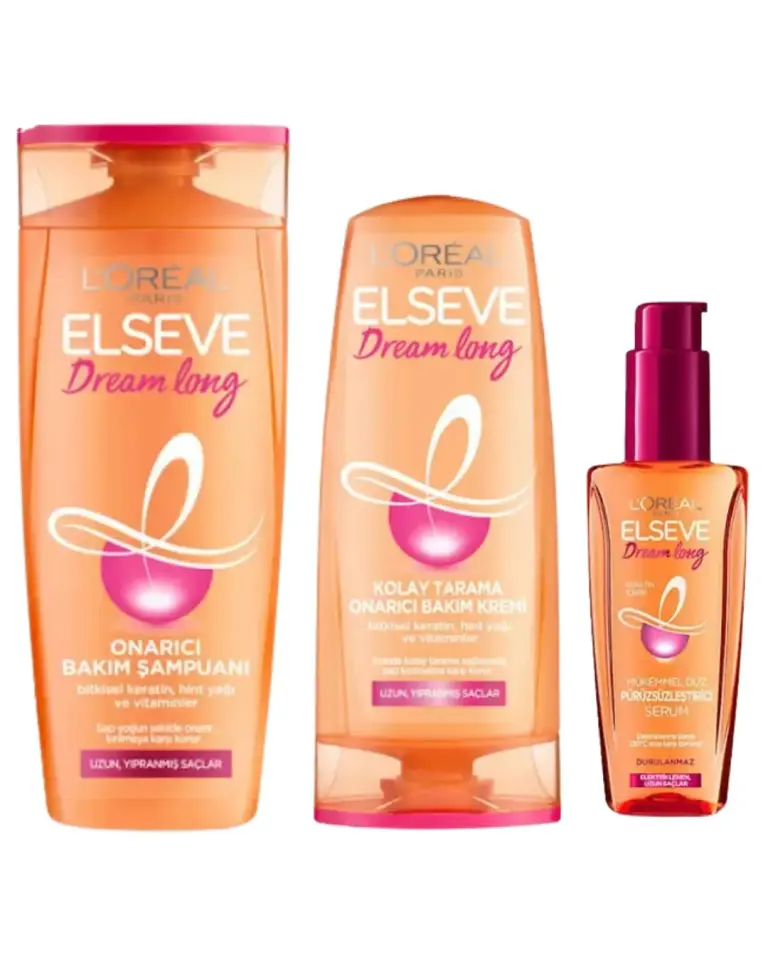 Loreal Elseve Dream Long Onarıcı Bakım Şampuanı 390ml & Saç Bakım Kremi 390ml & Mükemmel Düz Pürüzsüzleştici Serum