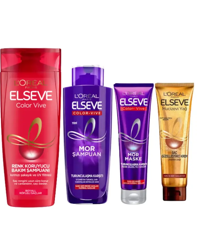 Loreal Elseve Renk Koruyucu Şampuan 360 ml & Mor Şampuan 200 ml &Mor Maske &Saç Güzelleştirici Krem 150ml