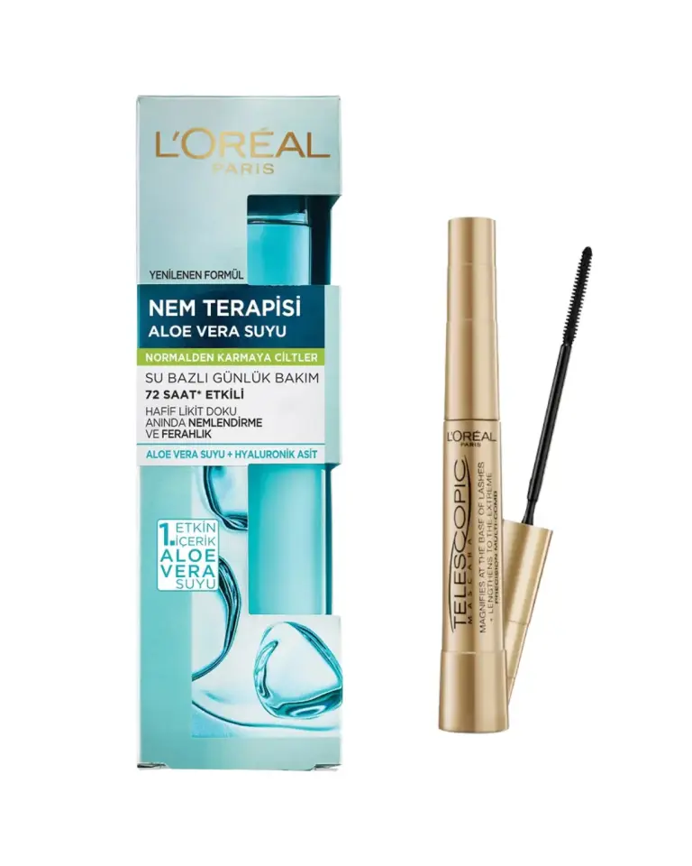 Loreal Paris Telescopic Gold Siyah Maskara+Nem Terapisi Aloe Vera Suyu Normalden Karmaya
