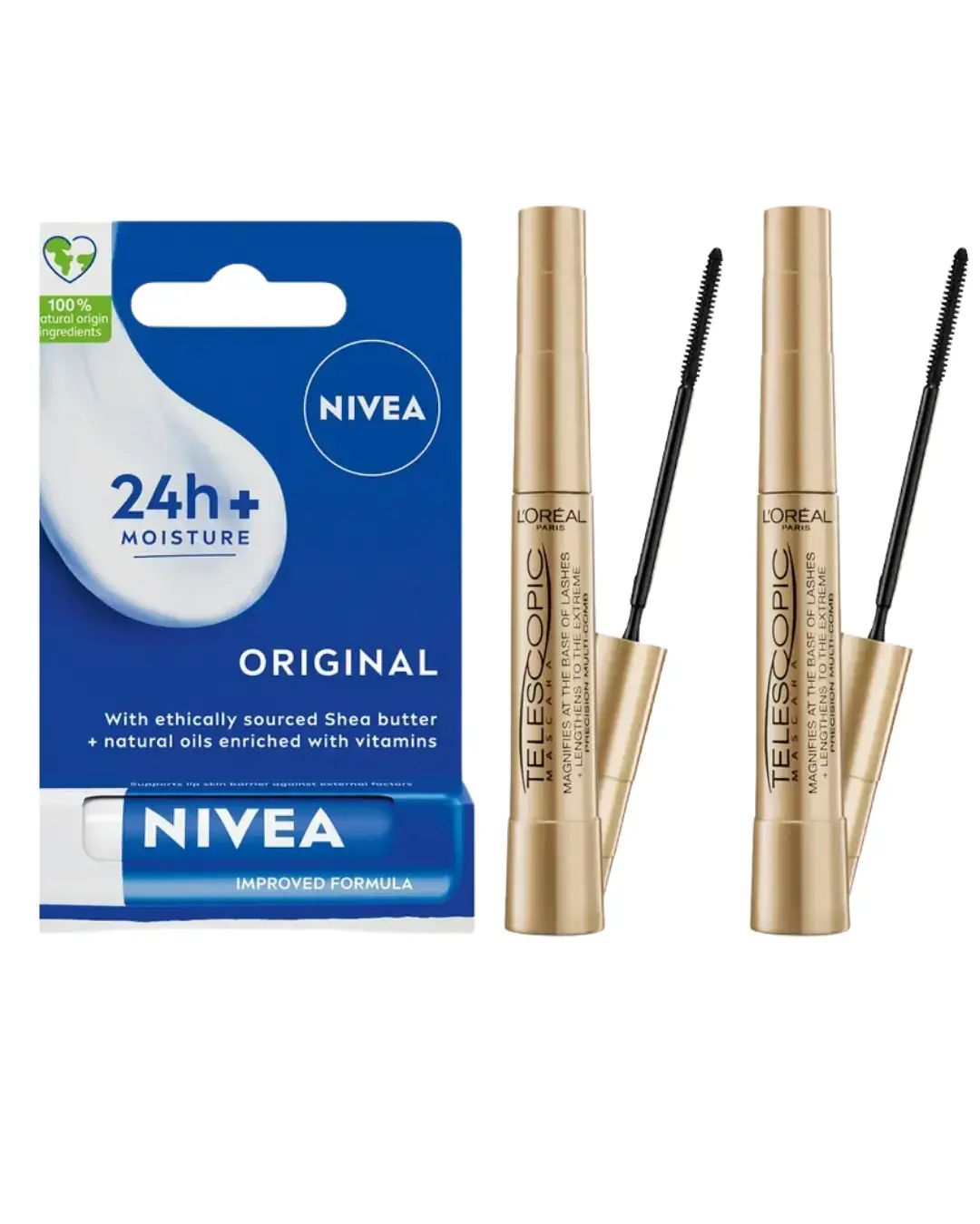 Loreal Paris Telescopic Siyah Maskara 2'li Set + Nivea Dudak Koruyucu